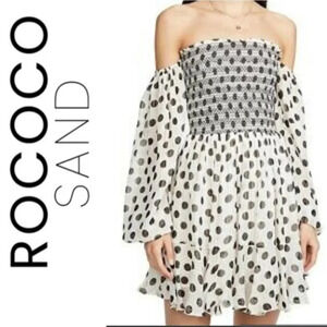 Anthropologie Rocco sand polka dot mini off shoulder smocked dress  black white